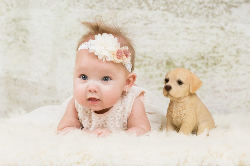 Baby fotoshoot Chelsea op wit kleedje met een haarbandje in en een hondje ernaast